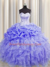 Fashion Visible Boning Floor Length Lace Up Ball Gown Prom Dress Lavender for Military Ball and Sweet 16 and Quinceanera with Beading and Ruffles and Pick Ups