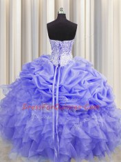 Fashion Visible Boning Floor Length Lace Up Ball Gown Prom Dress Lavender for Military Ball and Sweet 16 and Quinceanera with Beading and Ruffles and Pick Ups