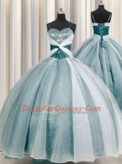 Spaghetti Straps Teal Half Sleeves Floor Length Beading and Ruching Lace Up Sweet 16 Dress