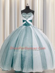 Spaghetti Straps Teal Half Sleeves Floor Length Beading and Ruching Lace Up Sweet 16 Dress