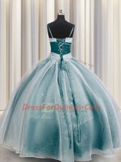 Spaghetti Straps Teal Half Sleeves Floor Length Beading and Ruching Lace Up Sweet 16 Dress