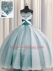 Spaghetti Straps Teal Half Sleeves Floor Length Beading and Ruching Lace Up Sweet 16 Dress
