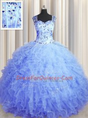 Extravagant See Through Zipper Up Sleeveless Tulle Floor Length Zipper Quinceanera Dresses in Light Blue with Beading and Ruffles