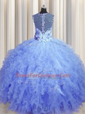 Extravagant See Through Zipper Up Sleeveless Tulle Floor Length Zipper Quinceanera Dresses in Light Blue with Beading and Ruffles