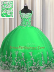 Apple Green Ball Gowns Tulle Straps Sleeveless Beading and Appliques Floor Length Lace Up Sweet 16 Quinceanera Dress