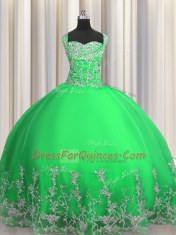Apple Green Ball Gowns Tulle Straps Sleeveless Beading and Appliques Floor Length Lace Up Sweet 16 Quinceanera Dress