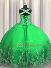 Apple Green Ball Gowns Tulle Straps Sleeveless Beading and Appliques Floor Length Lace Up Sweet 16 Quinceanera Dress