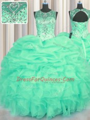 Low Price Scoop See Through Turquoise Ball Gowns Beading and Ruffles and Pick Ups Sweet 16 Quinceanera Dress Lace Up Organza Sleeveless Floor Length