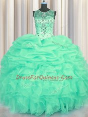 Low Price Scoop See Through Turquoise Ball Gowns Beading and Ruffles and Pick Ups Sweet 16 Quinceanera Dress Lace Up Organza Sleeveless Floor Length