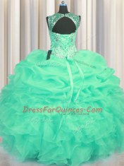 Low Price Scoop See Through Turquoise Ball Gowns Beading and Ruffles and Pick Ups Sweet 16 Quinceanera Dress Lace Up Organza Sleeveless Floor Length