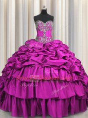 Charming Brush Train Fuchsia Ball Gowns Taffeta Sweetheart Sleeveless Beading and Embroidery and Ruffled Layers and Pick Ups Floor Length Lace Up Sweet 16 Quinceanera Dress