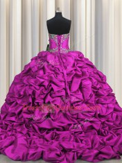 Charming Brush Train Fuchsia Ball Gowns Taffeta Sweetheart Sleeveless Beading and Embroidery and Ruffled Layers and Pick Ups Floor Length Lace Up Sweet 16 Quinceanera Dress