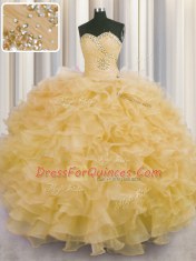 Gold Sleeveless Organza Lace Up Ball Gown Prom Dress for Military Ball and Sweet 16 and Quinceanera