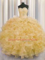 Gold Sleeveless Organza Lace Up Ball Gown Prom Dress for Military Ball and Sweet 16 and Quinceanera
