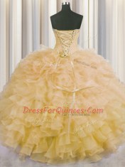 Gold Sleeveless Organza Lace Up Ball Gown Prom Dress for Military Ball and Sweet 16 and Quinceanera