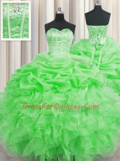 Attractive Visible Boning Floor Length Green Sweet 16 Dress Organza Sleeveless Beading and Ruffles and Pick Ups