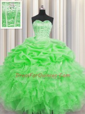 Attractive Visible Boning Floor Length Green Sweet 16 Dress Organza Sleeveless Beading and Ruffles and Pick Ups