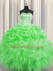 Attractive Visible Boning Floor Length Green Sweet 16 Dress Organza Sleeveless Beading and Ruffles and Pick Ups