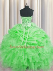 Attractive Visible Boning Floor Length Green Sweet 16 Dress Organza Sleeveless Beading and Ruffles and Pick Ups