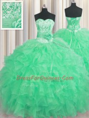 Fantastic Handcrafted Flower Apple Green Organza Lace Up 15th Birthday Dress Sleeveless Floor Length Beading and Ruffles and Hand Made Flower