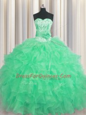 Fantastic Handcrafted Flower Apple Green Organza Lace Up 15th Birthday Dress Sleeveless Floor Length Beading and Ruffles and Hand Made Flower