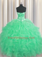 Fantastic Handcrafted Flower Apple Green Organza Lace Up 15th Birthday Dress Sleeveless Floor Length Beading and Ruffles and Hand Made Flower