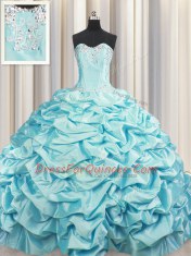 Fabulous Brush Train Sleeveless Beading and Pick Ups Lace Up 15th Birthday Dress with Aqua Blue Sweep Train