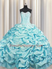 Fabulous Brush Train Sleeveless Beading and Pick Ups Lace Up 15th Birthday Dress with Aqua Blue Sweep Train