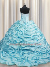 Fabulous Brush Train Sleeveless Beading and Pick Ups Lace Up 15th Birthday Dress with Aqua Blue Sweep Train