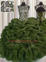 See Through Olive Green Ball Gowns Beading and Pick Ups Ball Gown Prom Dress Lace Up Organza Sleeveless Floor Length