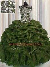 See Through Olive Green Ball Gowns Beading and Pick Ups Ball Gown Prom Dress Lace Up Organza Sleeveless Floor Length