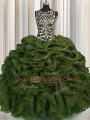 See Through Olive Green Ball Gowns Beading and Pick Ups Ball Gown Prom Dress Lace Up Organza Sleeveless Floor Length