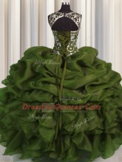 See Through Olive Green Ball Gowns Beading and Pick Ups Ball Gown Prom Dress Lace Up Organza Sleeveless Floor Length