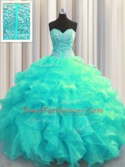 Sexy Visible Boning Sleeveless Lace Up Floor Length Beading and Ruffles Ball Gown Prom Dress