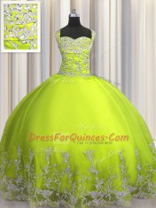Yellow Green Ball Gowns Tulle Straps Sleeveless Beading and Appliques Floor Length Lace Up Quinceanera Dresses