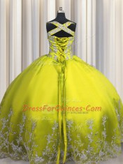Yellow Green Ball Gowns Tulle Straps Sleeveless Beading and Appliques Floor Length Lace Up Quinceanera Dresses