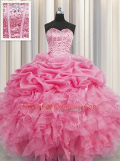 Noble Visible Boning Organza Sweetheart Sleeveless Lace Up Beading and Ruffles and Pick Ups Sweet 16 Dress in Rose Pink