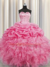 Noble Visible Boning Organza Sweetheart Sleeveless Lace Up Beading and Ruffles and Pick Ups Sweet 16 Dress in Rose Pink