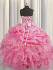 Noble Visible Boning Organza Sweetheart Sleeveless Lace Up Beading and Ruffles and Pick Ups Sweet 16 Dress in Rose Pink