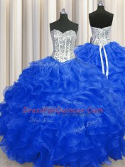 Royal Blue Lace Up Sweetheart Beading and Ruffles Quinceanera Dress Organza Sleeveless