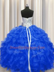 Royal Blue Lace Up Sweetheart Beading and Ruffles Quinceanera Dress Organza Sleeveless