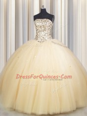 Really Puffy Gold Lace Up Quinceanera Gown Beading and Sequins Sleeveless Floor Length