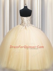 Really Puffy Gold Lace Up Quinceanera Gown Beading and Sequins Sleeveless Floor Length