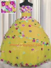 Hand Made Flower Quinceanera Dresses Gold Lace Up Sleeveless Floor Length