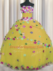 Hand Made Flower Quinceanera Dresses Gold Lace Up Sleeveless Floor Length