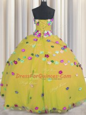 Hand Made Flower Quinceanera Dresses Gold Lace Up Sleeveless Floor Length