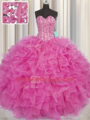 Fitting Visible Boning Ball Gowns 15th Birthday Dress Hot Pink Sweetheart Organza Sleeveless Floor Length Lace Up