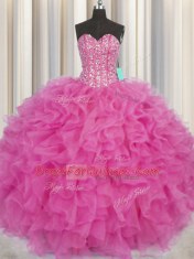Fitting Visible Boning Ball Gowns 15th Birthday Dress Hot Pink Sweetheart Organza Sleeveless Floor Length Lace Up