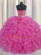 Fitting Visible Boning Ball Gowns 15th Birthday Dress Hot Pink Sweetheart Organza Sleeveless Floor Length Lace Up