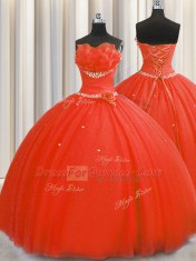 Handcrafted Flower Coral Red Sleeveless Floor Length Beading and Sequins and Hand Made Flower Lace Up Sweet 16 Quinceanera Dress
